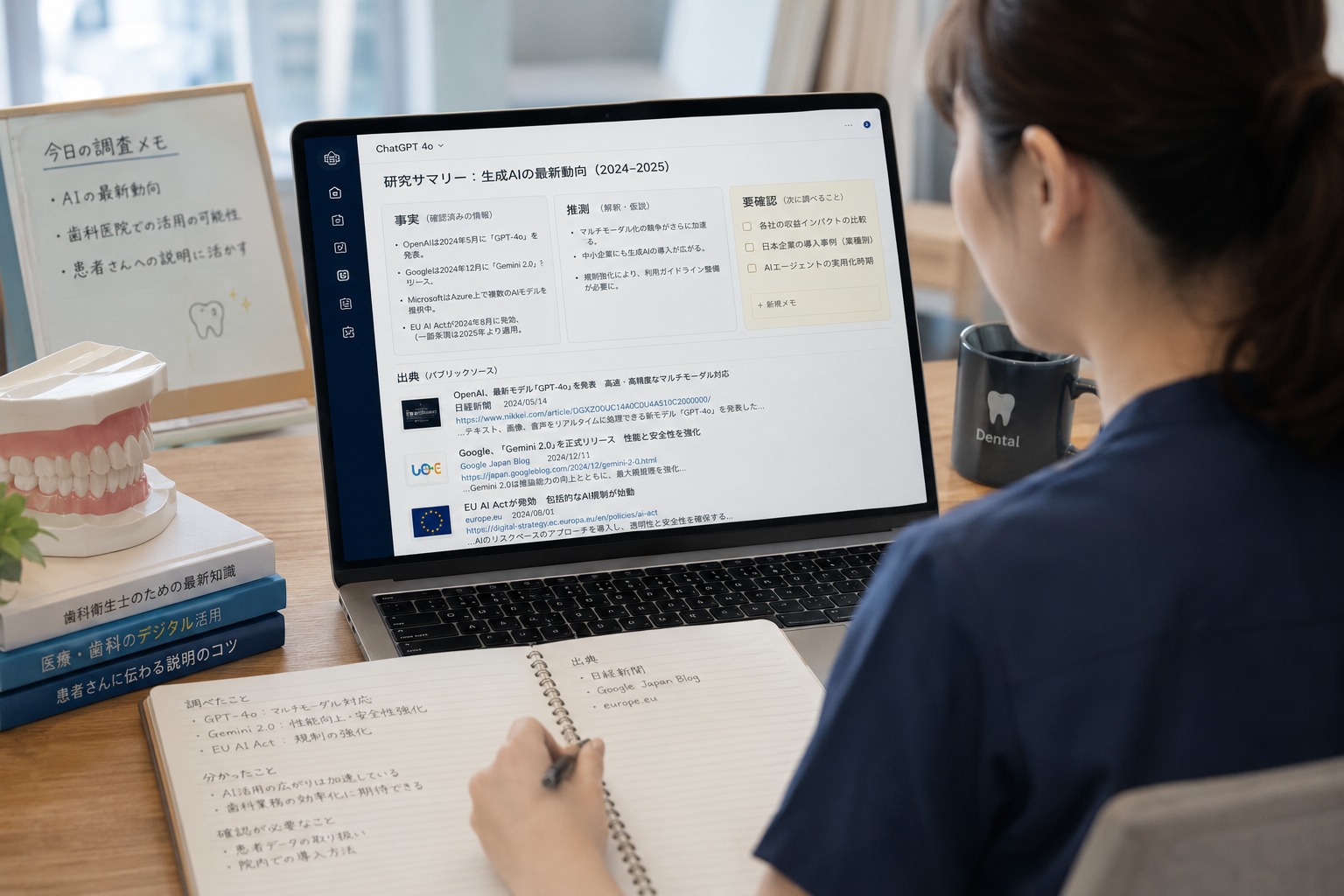歯科スタッフがPCで複数の出典を確認しながら生成AIの最新動向をリサーチするイメージ