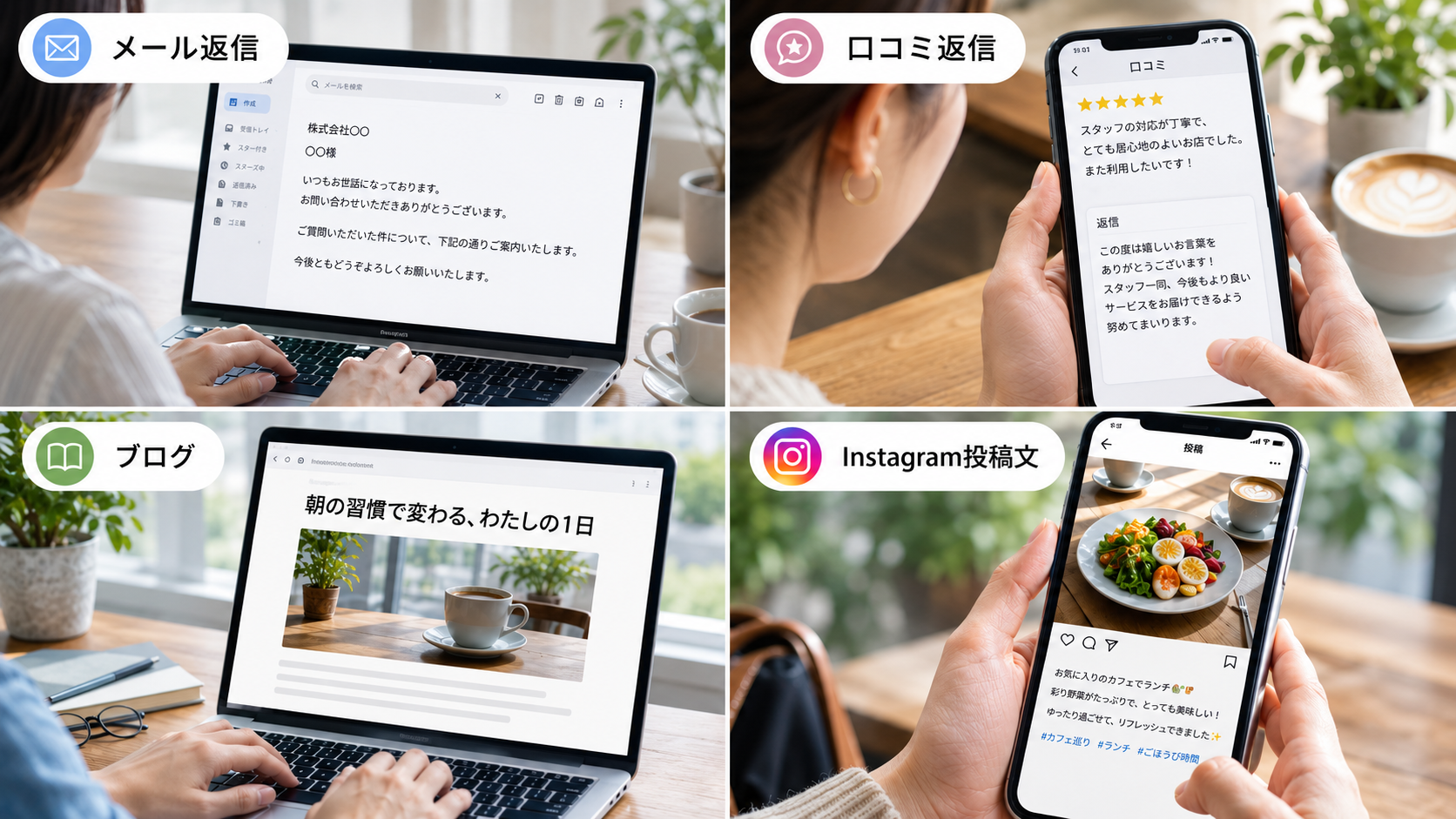 AIで作成したメール返信・口コミ返信・ブログ・Instagram投稿文の完成イメージ