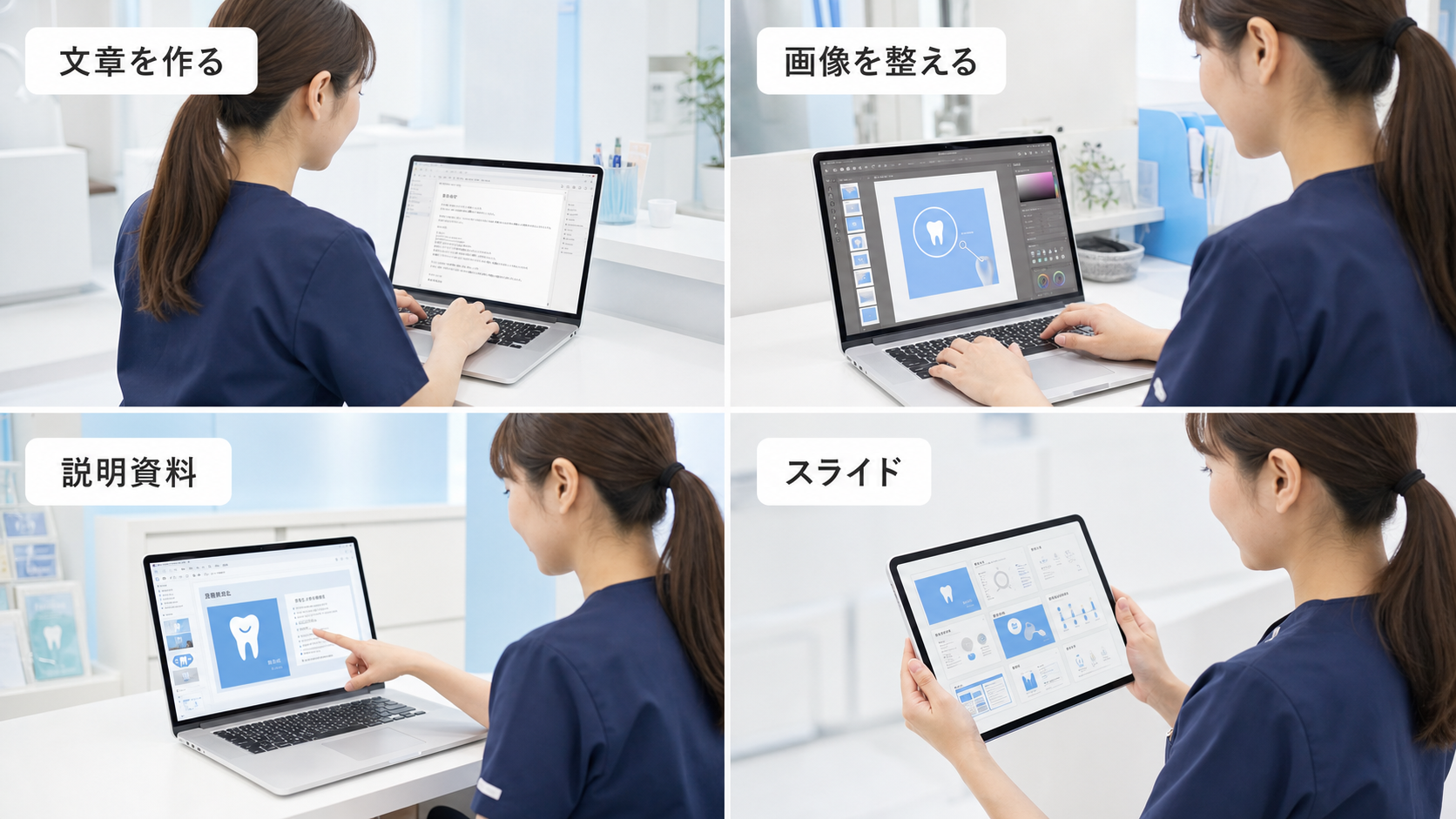 歯科医院スタッフが文章・画像・患者説明資料・スライドを制作する4場面の研修イメージ