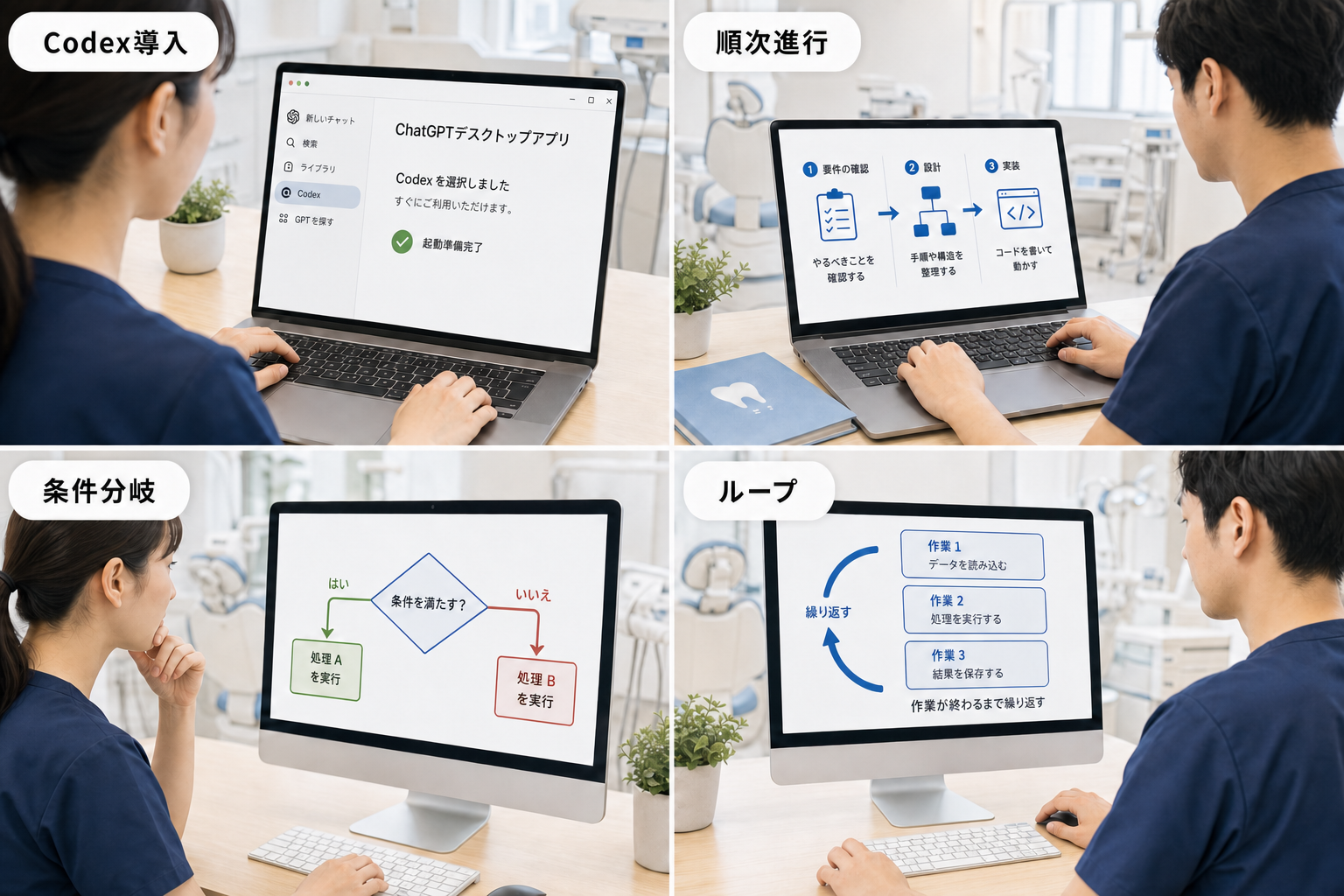 Codex導入、順次進行、条件分岐、ループを4つのパネルで示した第1回研修イメージ