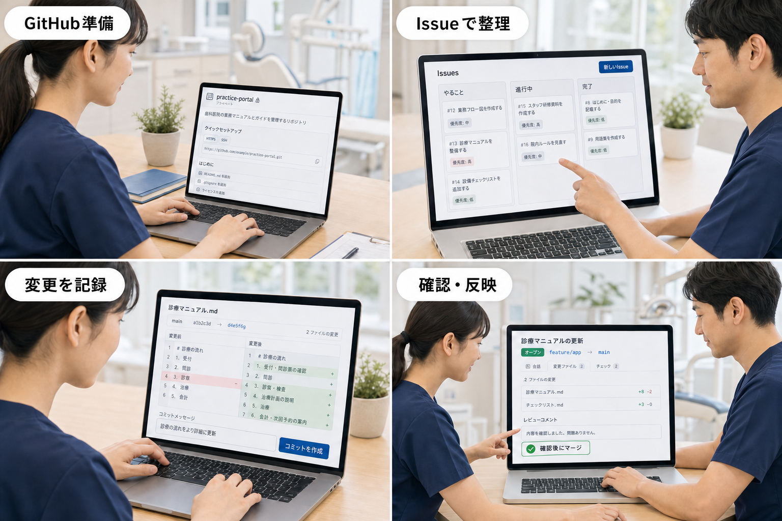 GitHub準備、Issueでの整理、変更の記録、確認と反映を4つのパネルで示した第2回研修イメージ