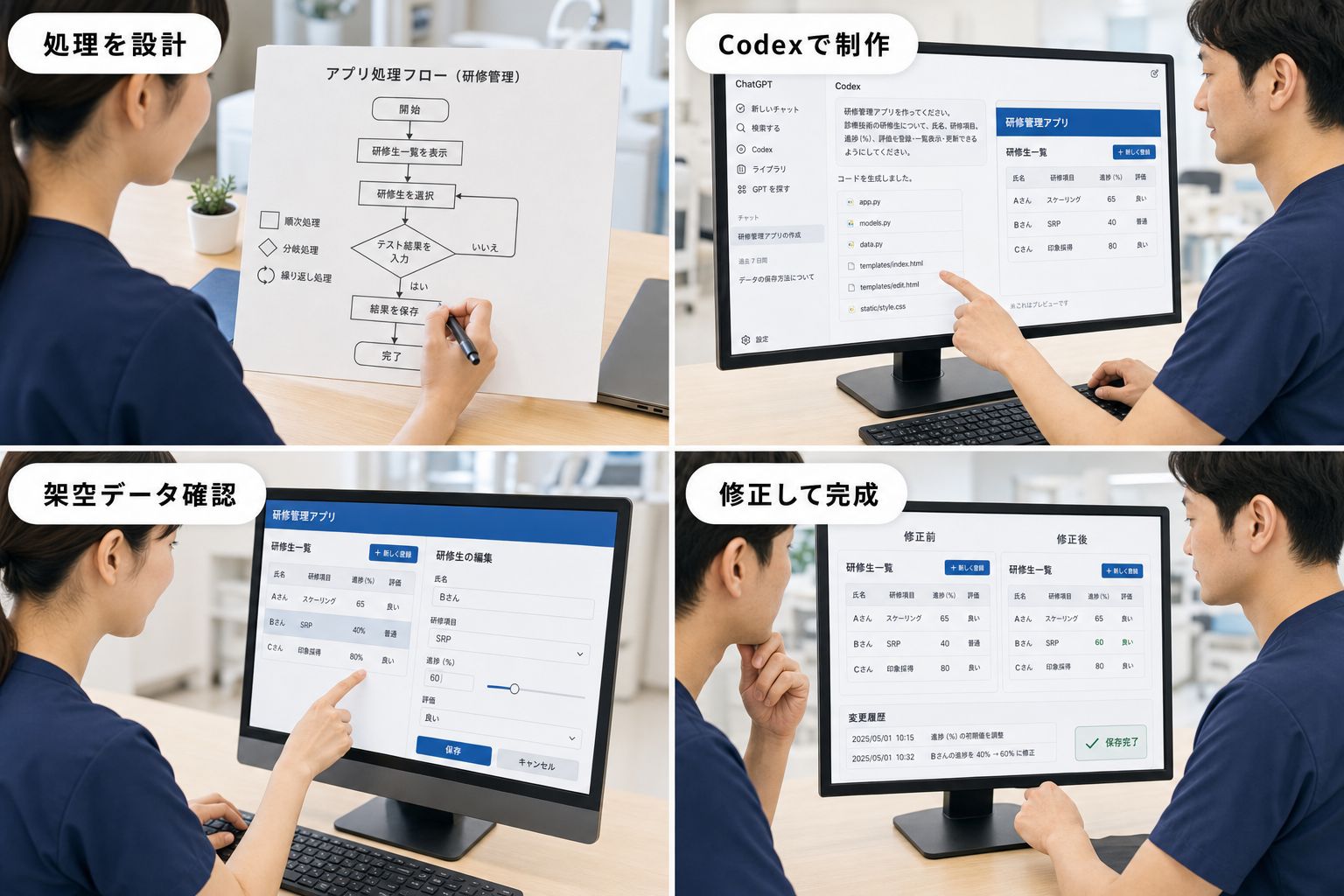 処理の設計、Codexでの制作、架空データの確認、修正と完成を4つのパネルで示した第3回研修イメージ