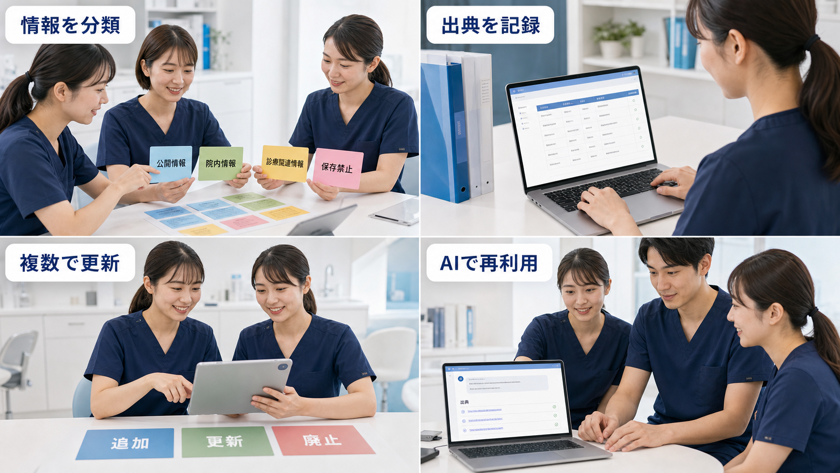 歯科医院スタッフが情報を分類し、出典を記録し、複数担当で更新してAIから再利用する4場面の研修イメージ